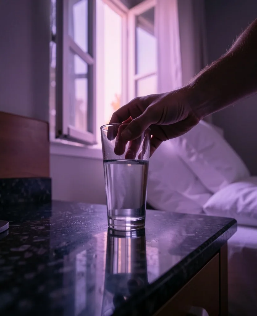 Glass of water on a stone table at dawn