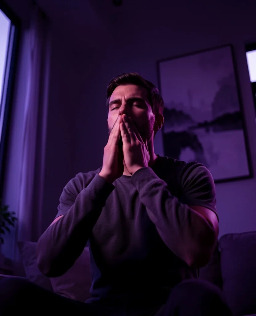 Man meditating in a calm, dark minimalist room