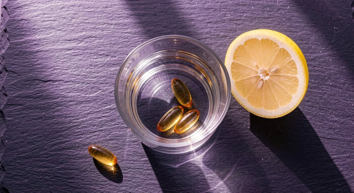 Natural supplement capsules on a dark mineral surface