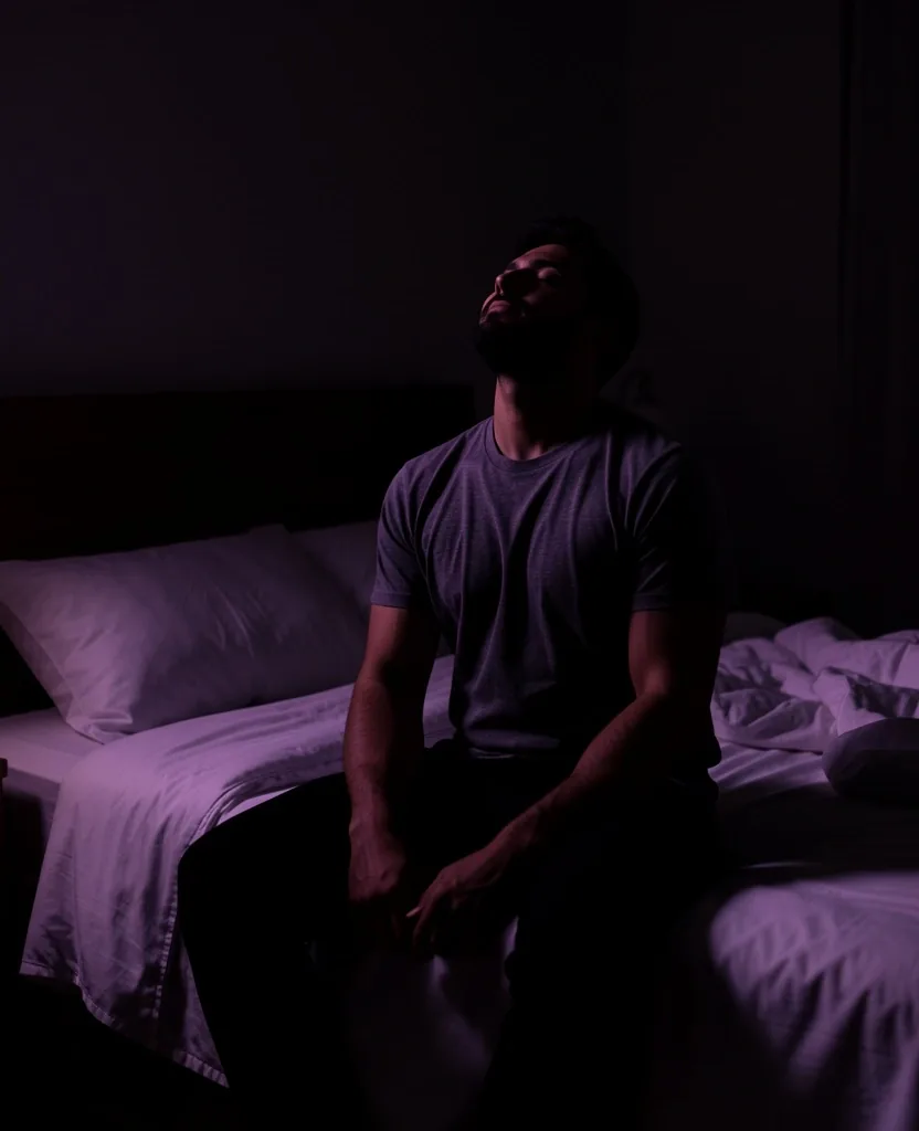 A man resting in a dimly lit room