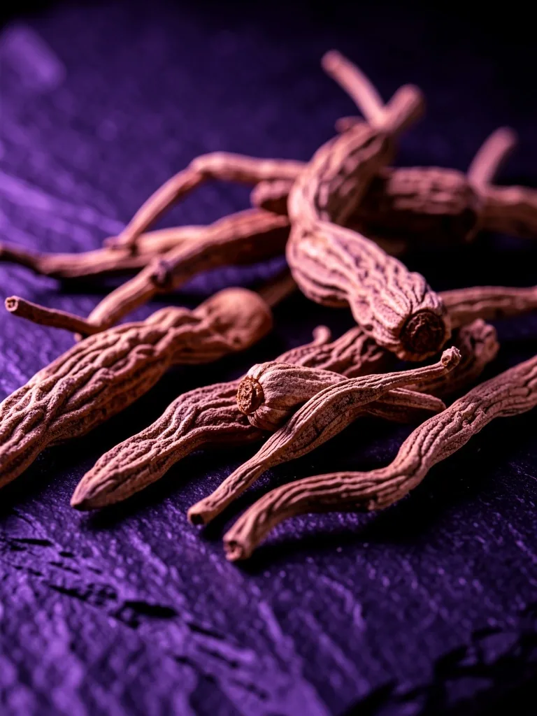Dried adaptogenic herbs on a dark stone surface