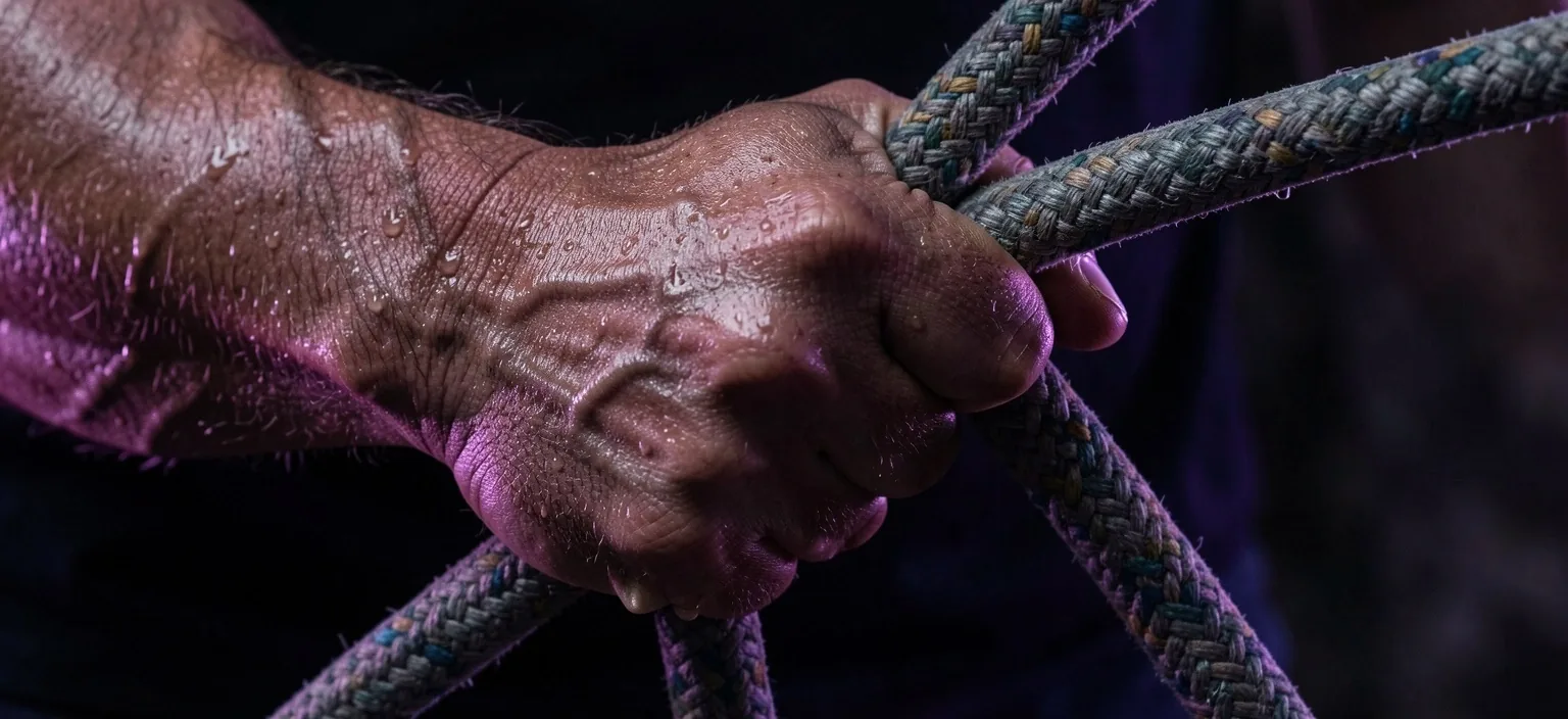 Man gripping a climbing rope during training