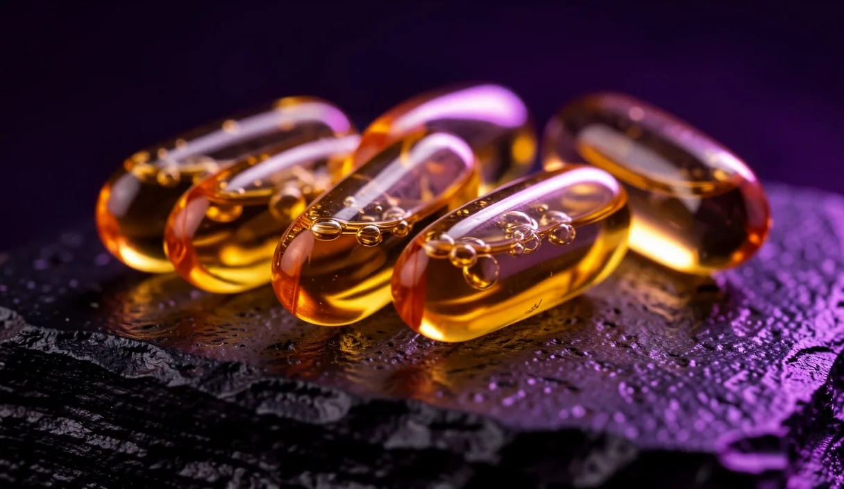 Translucent supplement capsules on a dark surface