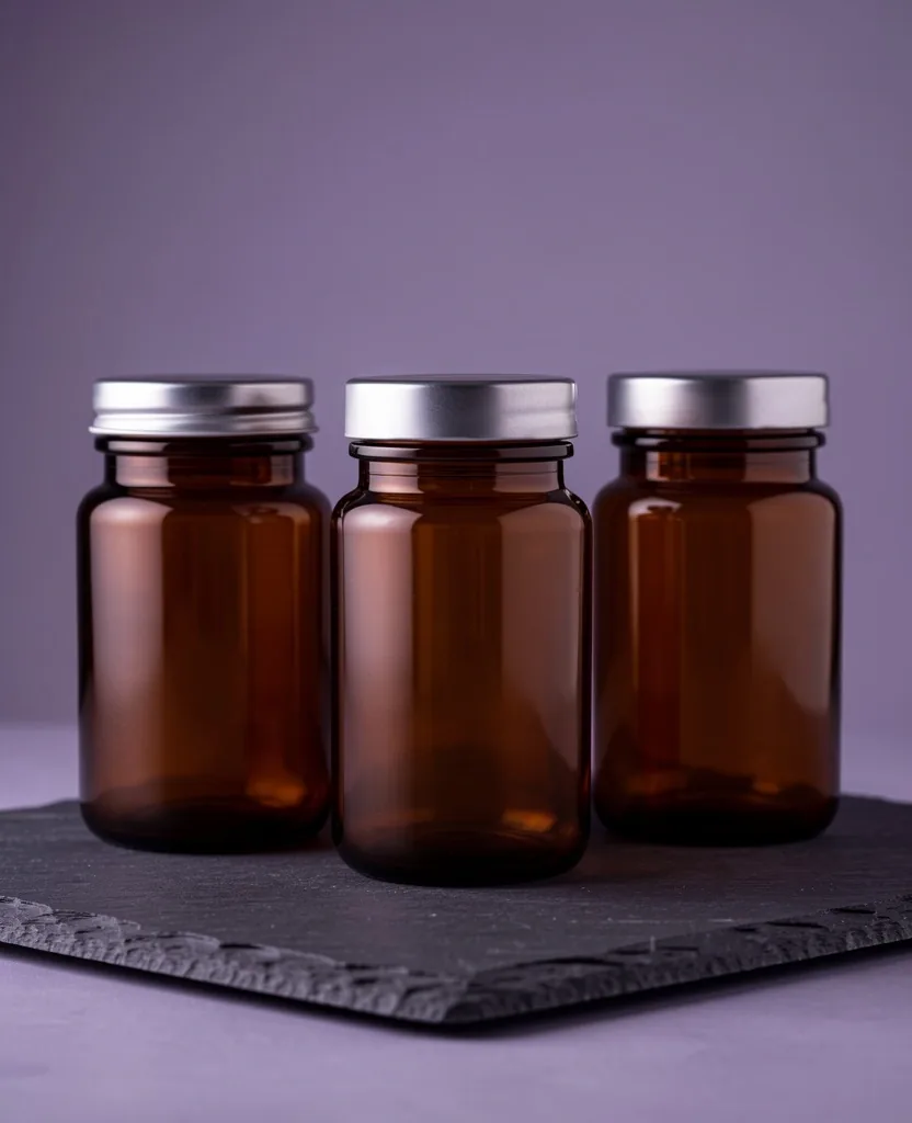 Amber glass supplement bottles on stone