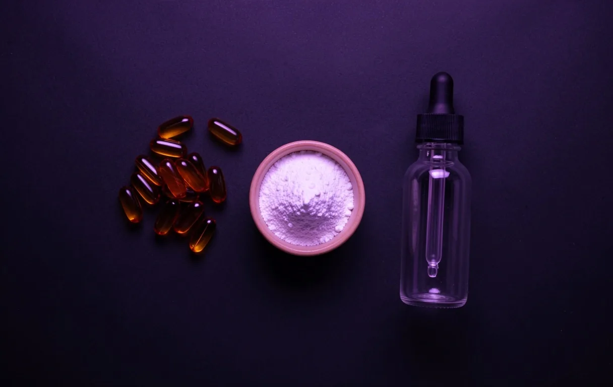 Different supplement formats on dark surface
