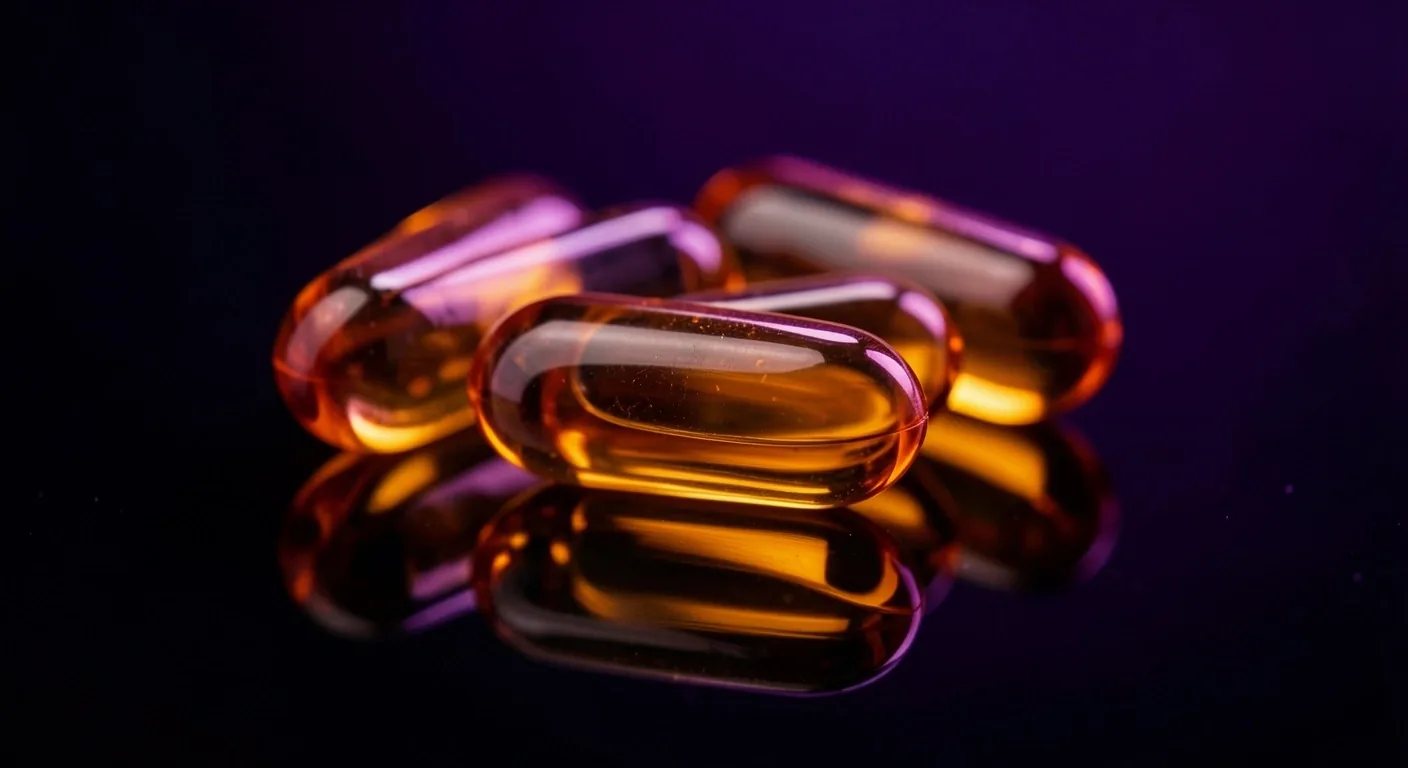 Natural supplement capsules on dark surface