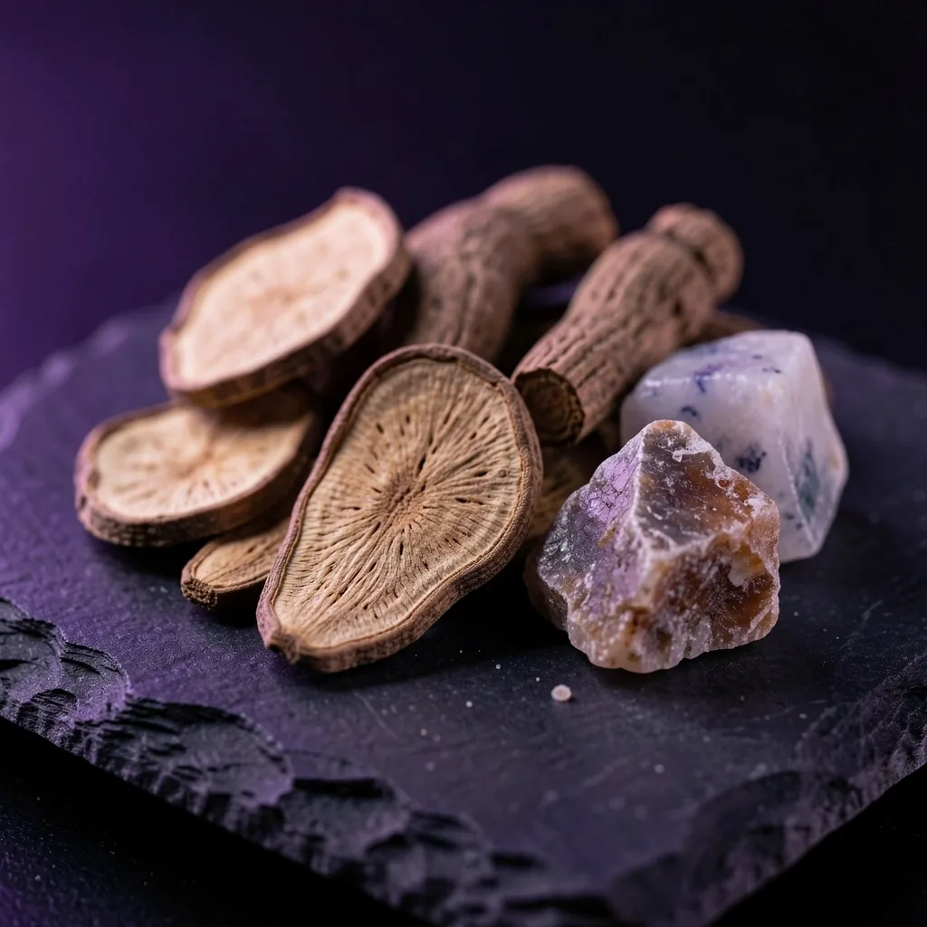 Dried botanical roots and minerals on stone