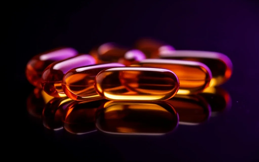 Translucent supplement capsules on a dark surface